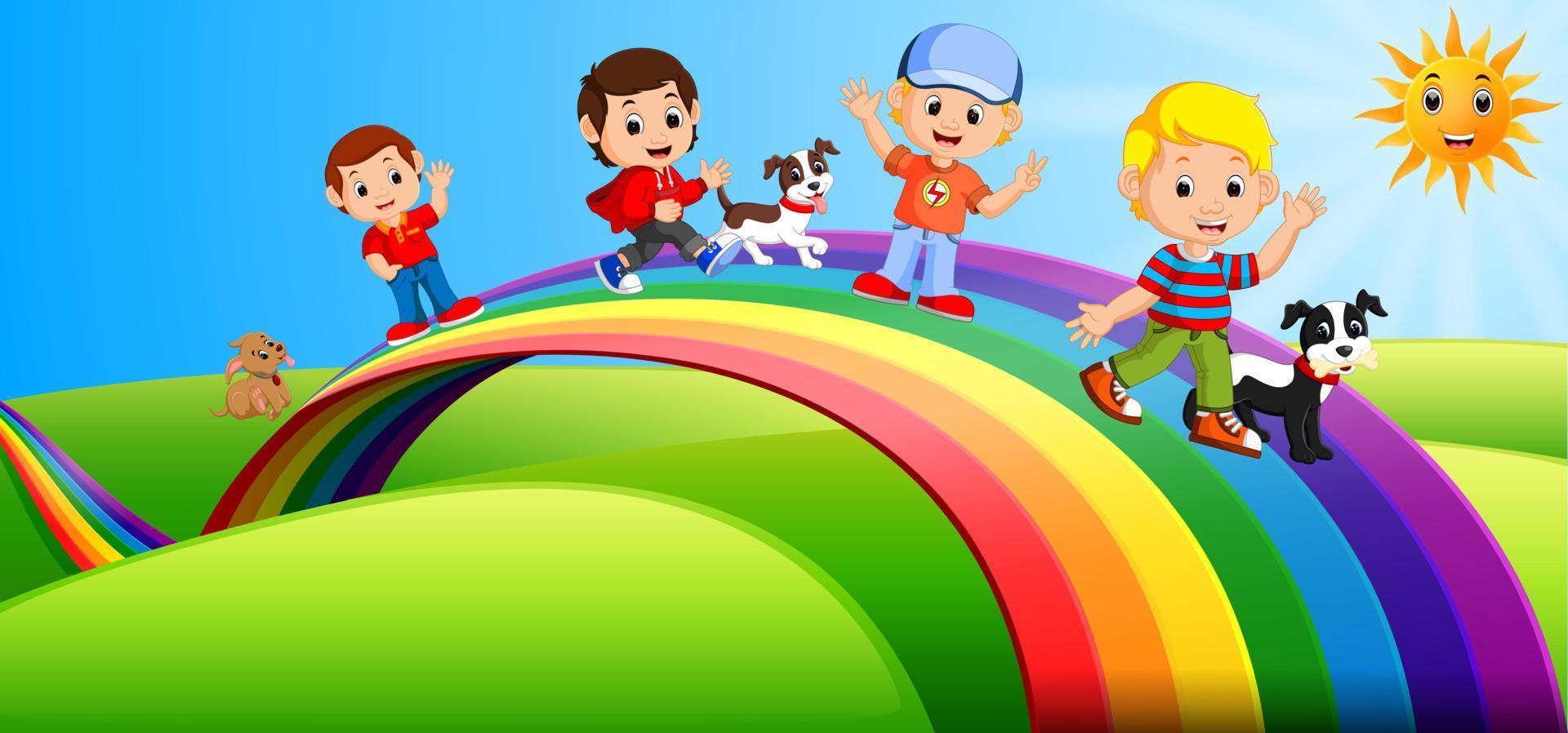 gelukkige kinderen en honden die over de regenboog staan vector