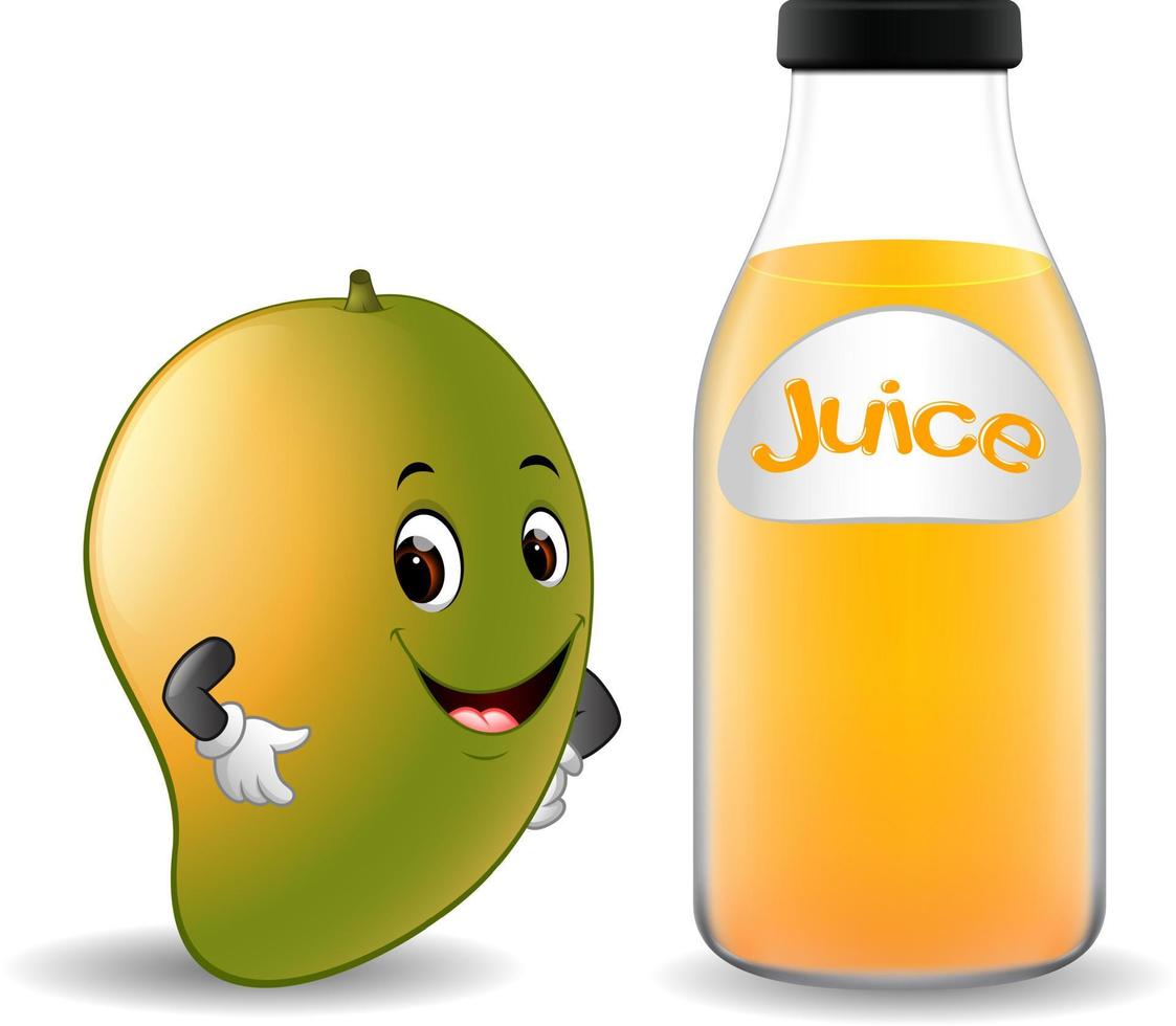 fles mangosap met schattige mango-cartoon vector