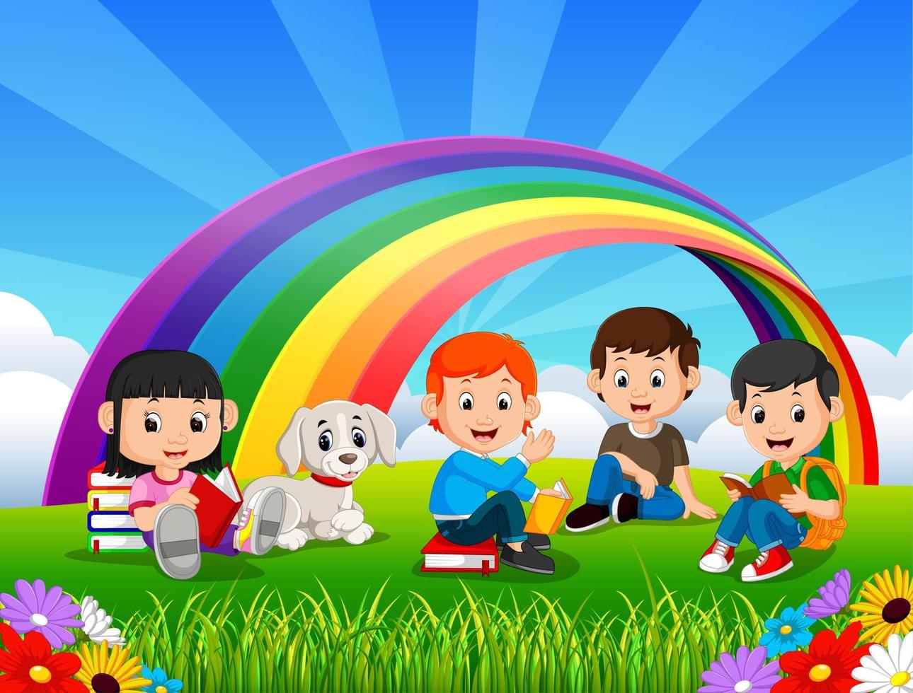 kinderen lezen boek in het park op regenboogdag vector