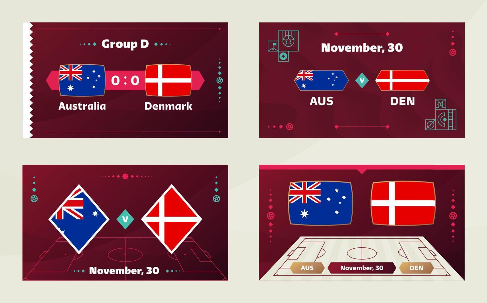 Australië vs Denemarken wedstrijd. voetbal 2022 wereldkampioenschap wedstrijd versus teams op voetbalveld. intro sport achtergrond, kampioenschap competitie finale poster, vlakke stijl vectorillustratie vector