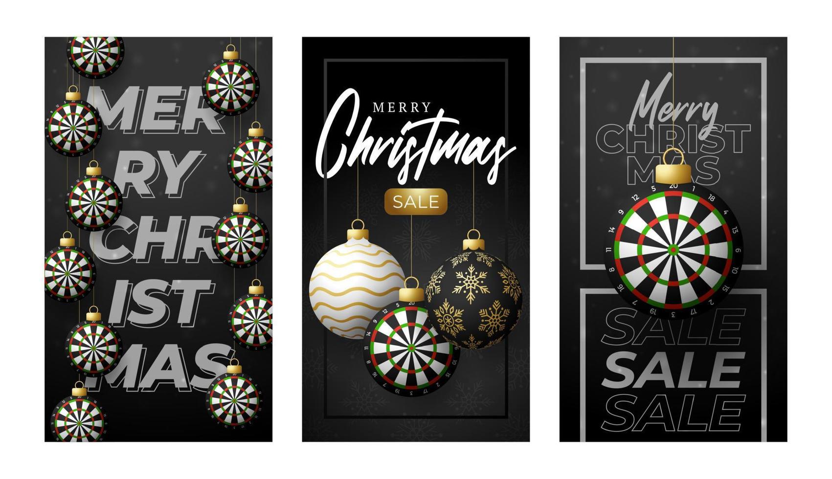 dart kerstkaart. merry christmas sport wenskaart set. hang op een draad dartbord als een kerstbal en gouden kerstbal op zwarte achtergrond. sport vectorillustratie. vector