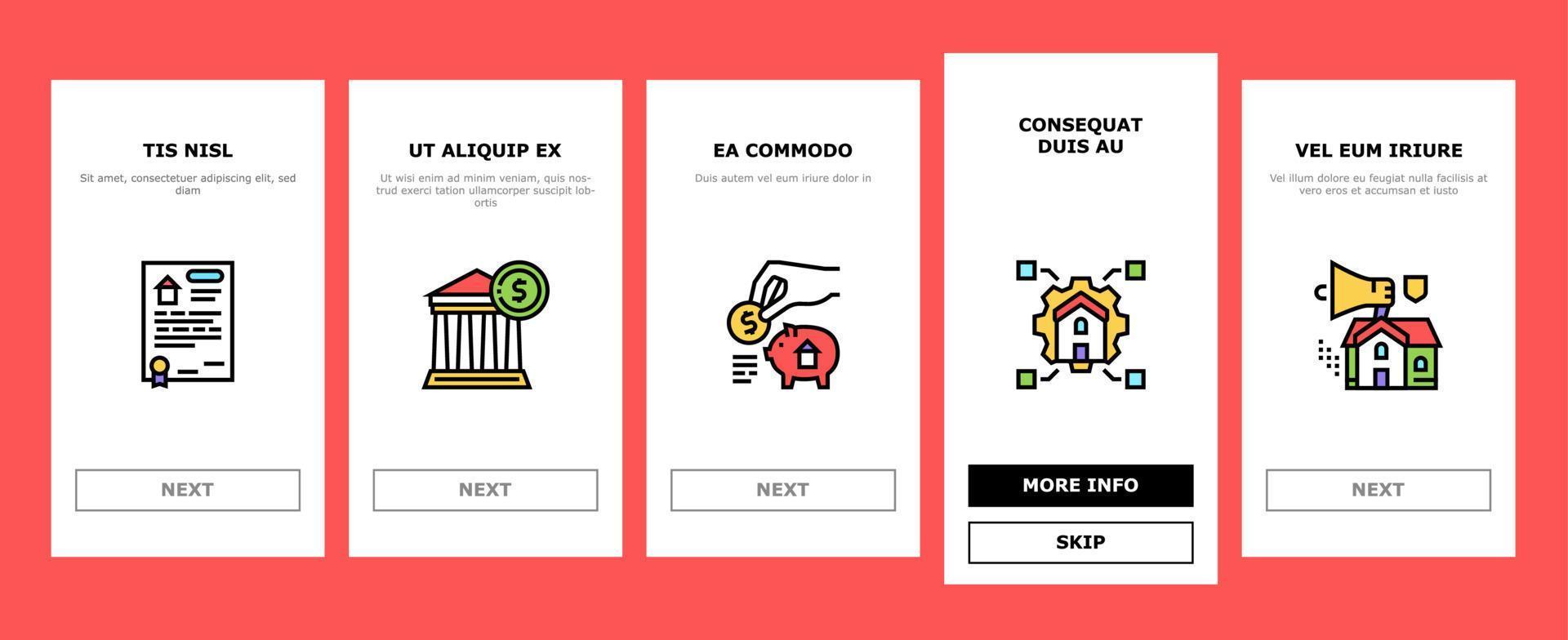 hypotheek onroerend goed onboarding pictogrammen instellen vector