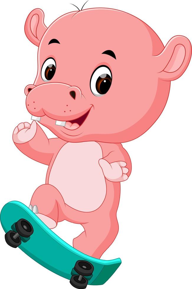 schattig nijlpaard spelen skateboard vector