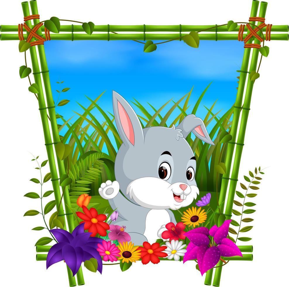 schattig konijn in bamboe frame met bloementafereel vector