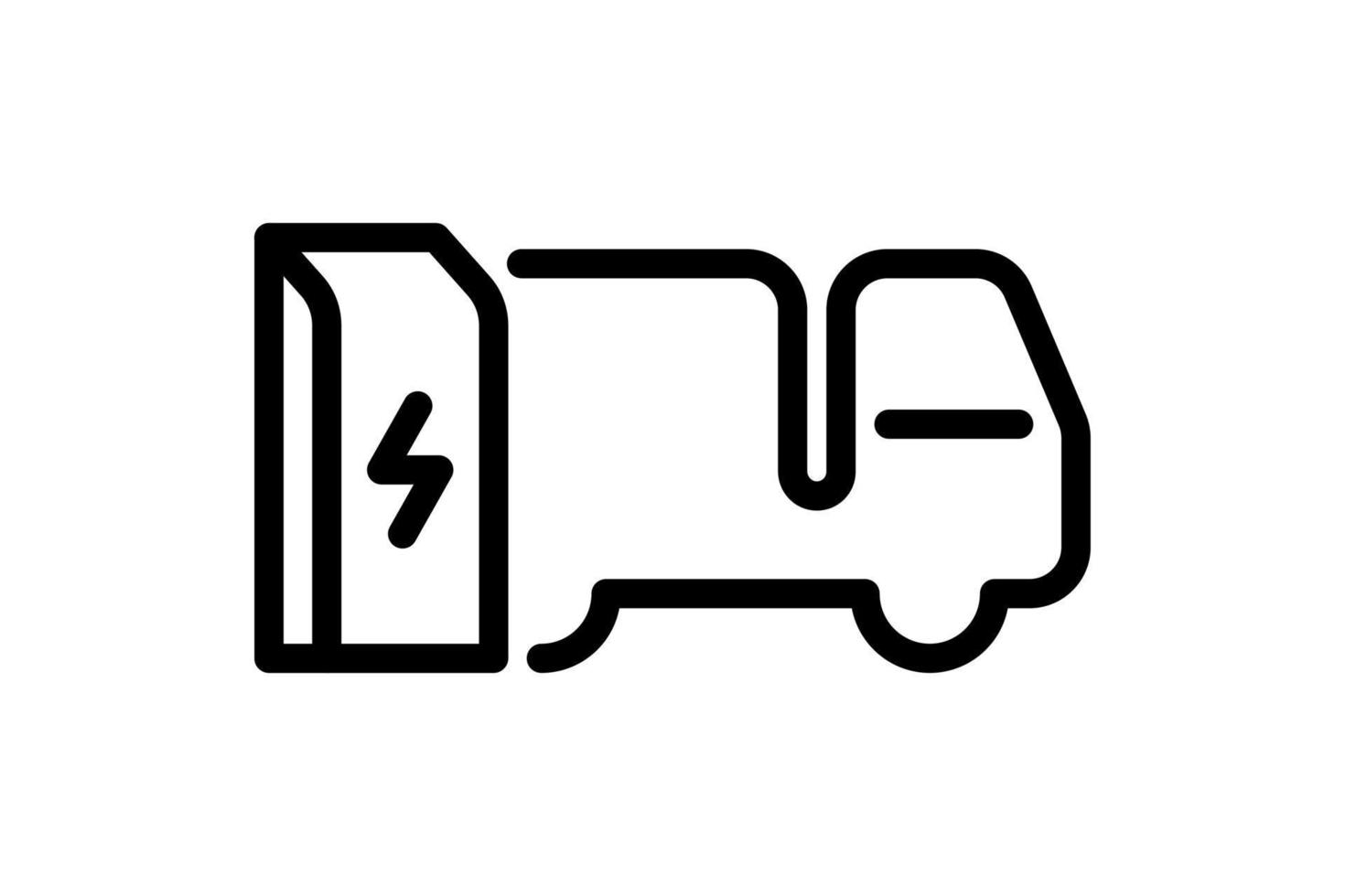 elektrische vrachtwagen opladen in het lineaire pictogram van het laadstation. elektrische vrachtwagen energie lading zwart symbool. milieuvriendelijk elektrisch voertuig opladen teken. vector batterij aangedreven ev transport eps logo