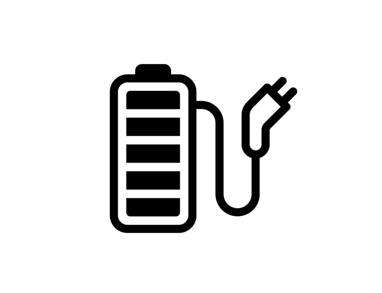 oplaadbare batterij met snoer en elektrisch oplaadconnector lineair pictogram. acculader stekker zwart symbool. elektriciteitsapparatuur powerbank lading teken. volledig opgeladen elektro-element. vector