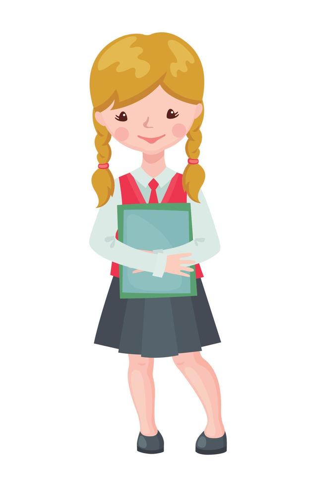 schattig schoolmeisje karakter met boeken geïsoleerd op een witte achtergrond. gelukkige leerling in schooluniform. onderwijsconcept. vectorillustratie. vector