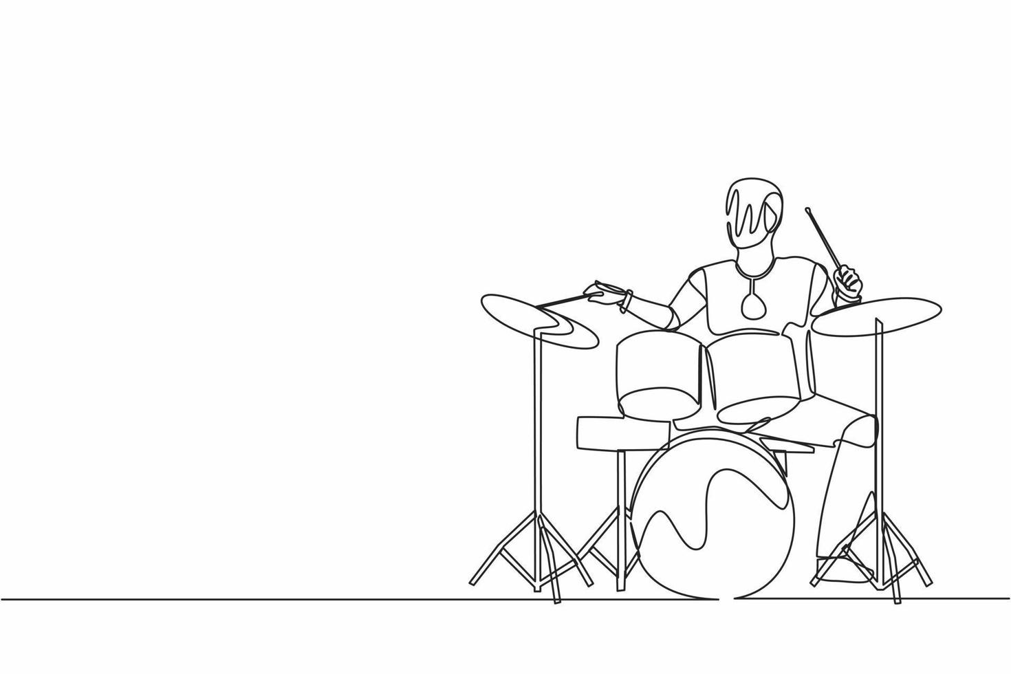 enkele één lijntekening robot die druminstrument speelt bij popmuziekconcert. toekomstige technologische ontwikkeling. kunstmatige intelligentie en machine learning. doorlopende lijn tekenen ontwerp vectorillustratie vector