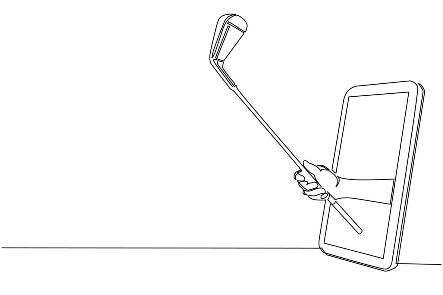 enkele doorlopende lijntekening golfer hand houdt stick golf via mobiele telefoon. smartphone met app voor golfspellen. mobiel sportstreamkampioenschap. een lijn tekenen grafisch ontwerp vectorillustratie vector