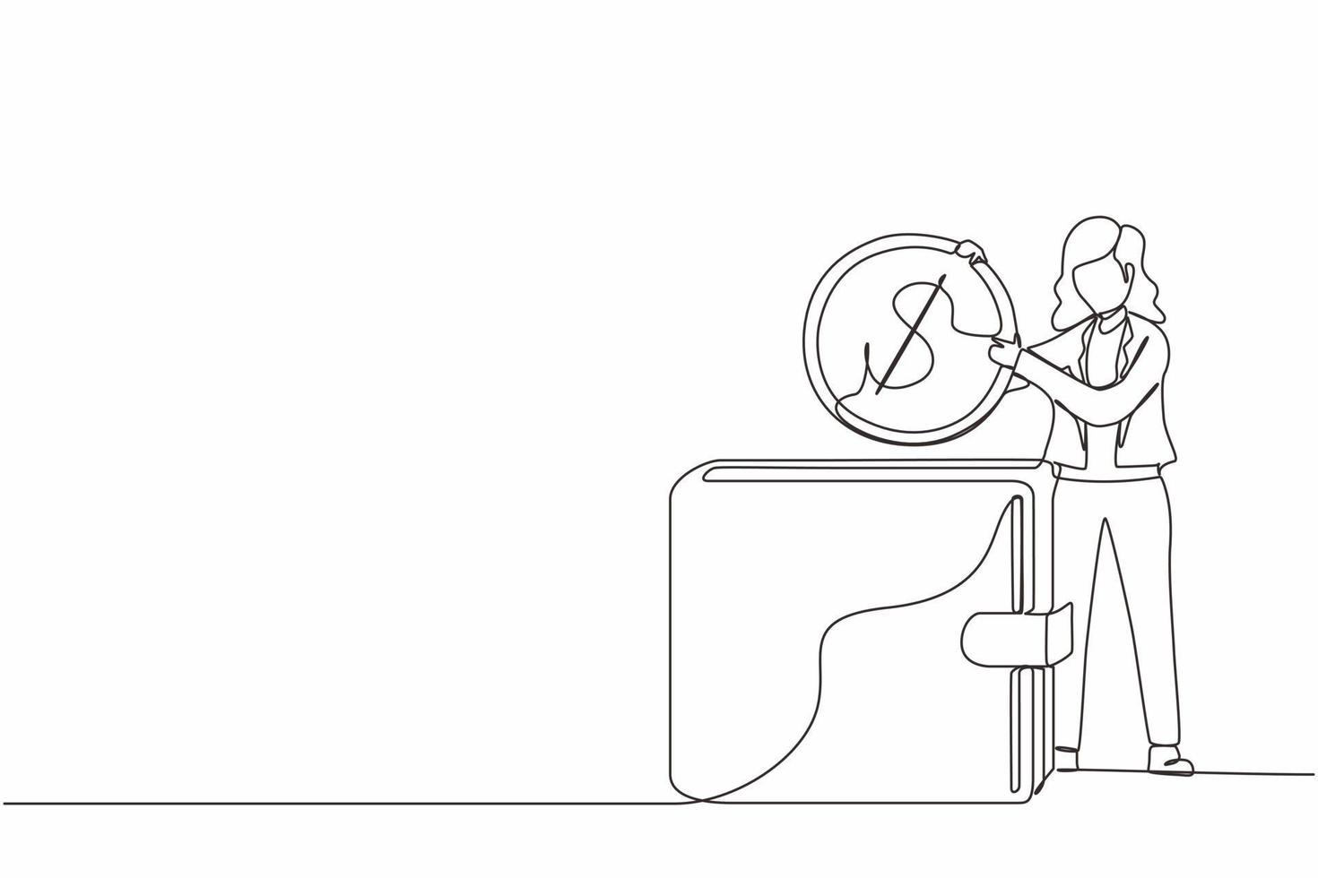 enkele één lijntekening zakenvrouw dollar munt in grote portemonnee. concept van directe betaling, contant betalen, geldoverdracht, persoonlijke financiële transactie. ononderbroken lijntekening ontwerp vector