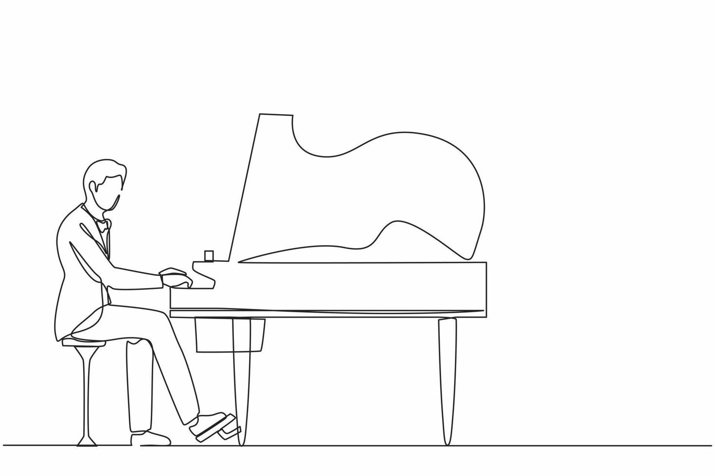 continue één lijntekening man speelt piano. mannelijke artiest zit op muziekinstrument en speelt jazz of blues. professionele muzikant. persoon presteert op het podium. enkele lijn tekenen ontwerp vectorafbeelding vector