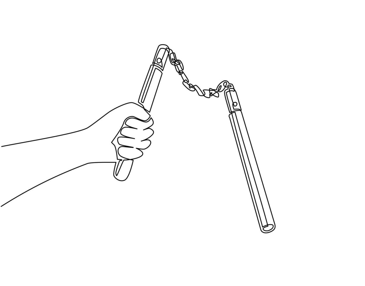 enkele doorlopende lijntekening man's handen met dubbele stok. nunchaku traditioneel okinawan vechtsporten wapen. man vuisten scherp wapen. dynamische één lijn trekken grafisch ontwerp vectorillustratie vector