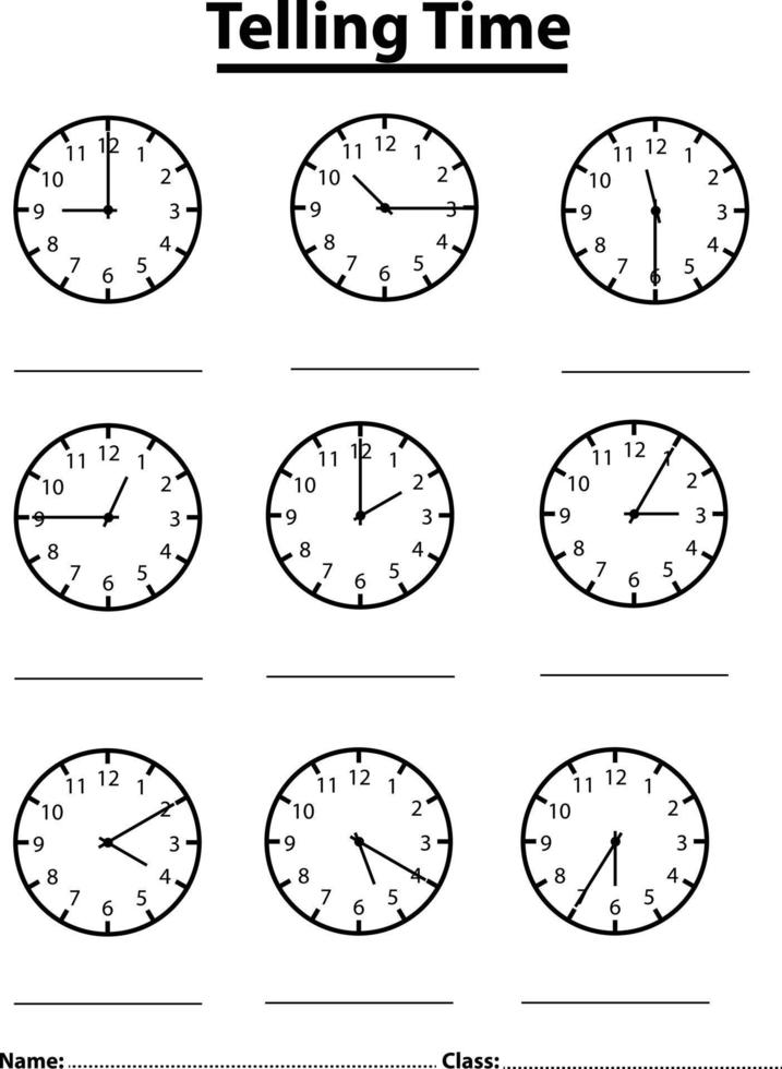 werkblad voor kleuters vertellen. spel voor kind. schrijf de tijd op de klok. vector