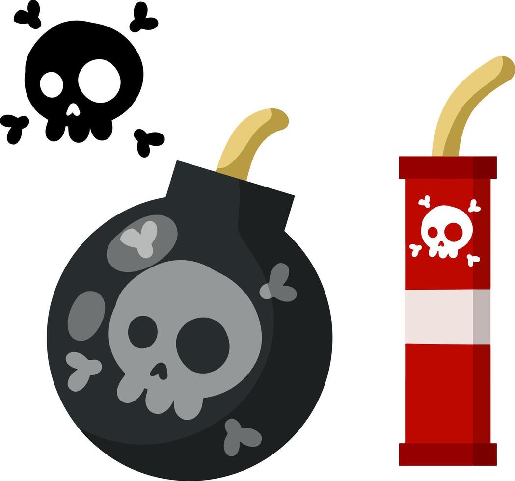 zwarte bom en explosieve voorwerpen. reeks gevaarlijke elementen. zwarte schedel en botten. cartoon vlakke afbeelding. rode staaf dynamiet vector