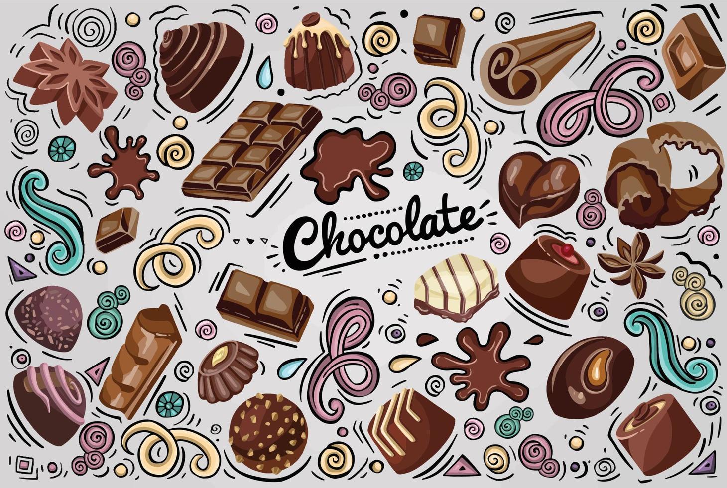 naadloos patroon met chocolaatjes, stukjes chocolade, snoepjes in gekleurde wikkels op blauwe achtergrond. illustratie van een dessert in een platte cartoon-stijl. vector