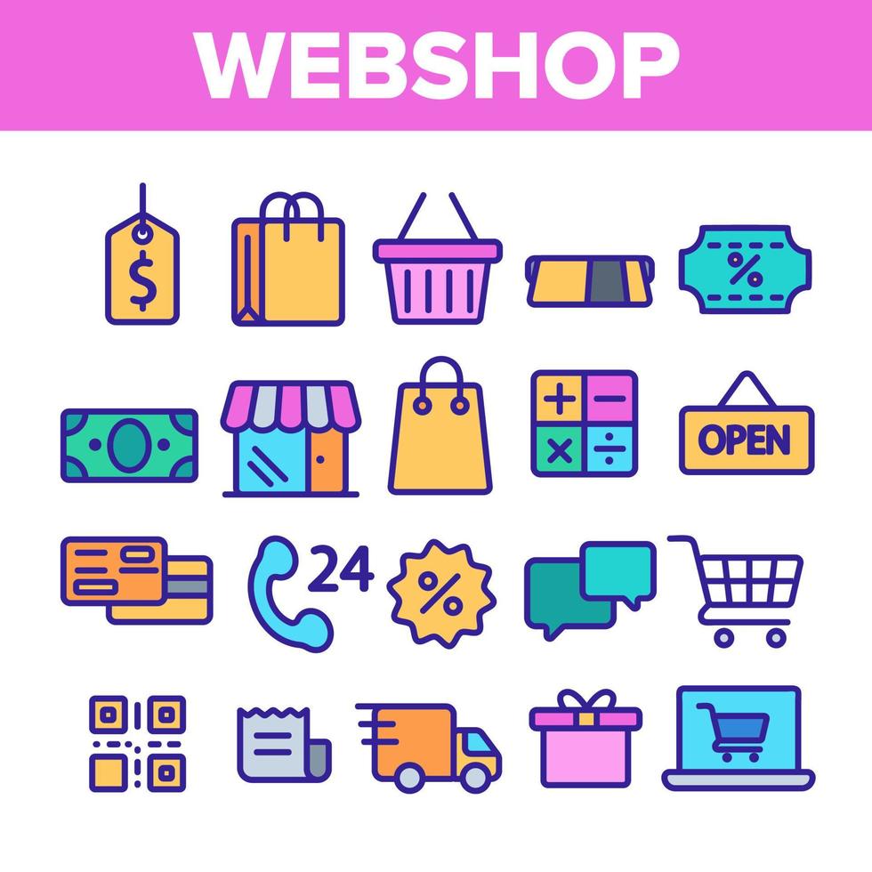 webshop, online winkelen lineaire vector iconen set