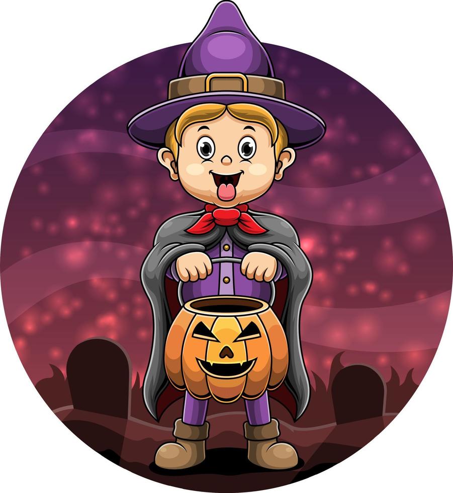 vector cartoon jongen met pompoen op halloween