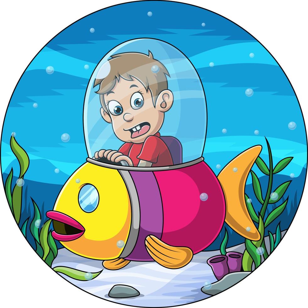 cartoonillustratie van een jongen die op een visvormige onderzeeër rijdt vector