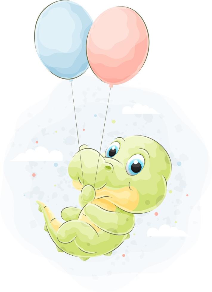 schattige doodle krokodil die in de wolken vliegt met ballonnen met aquarelillustratie vector