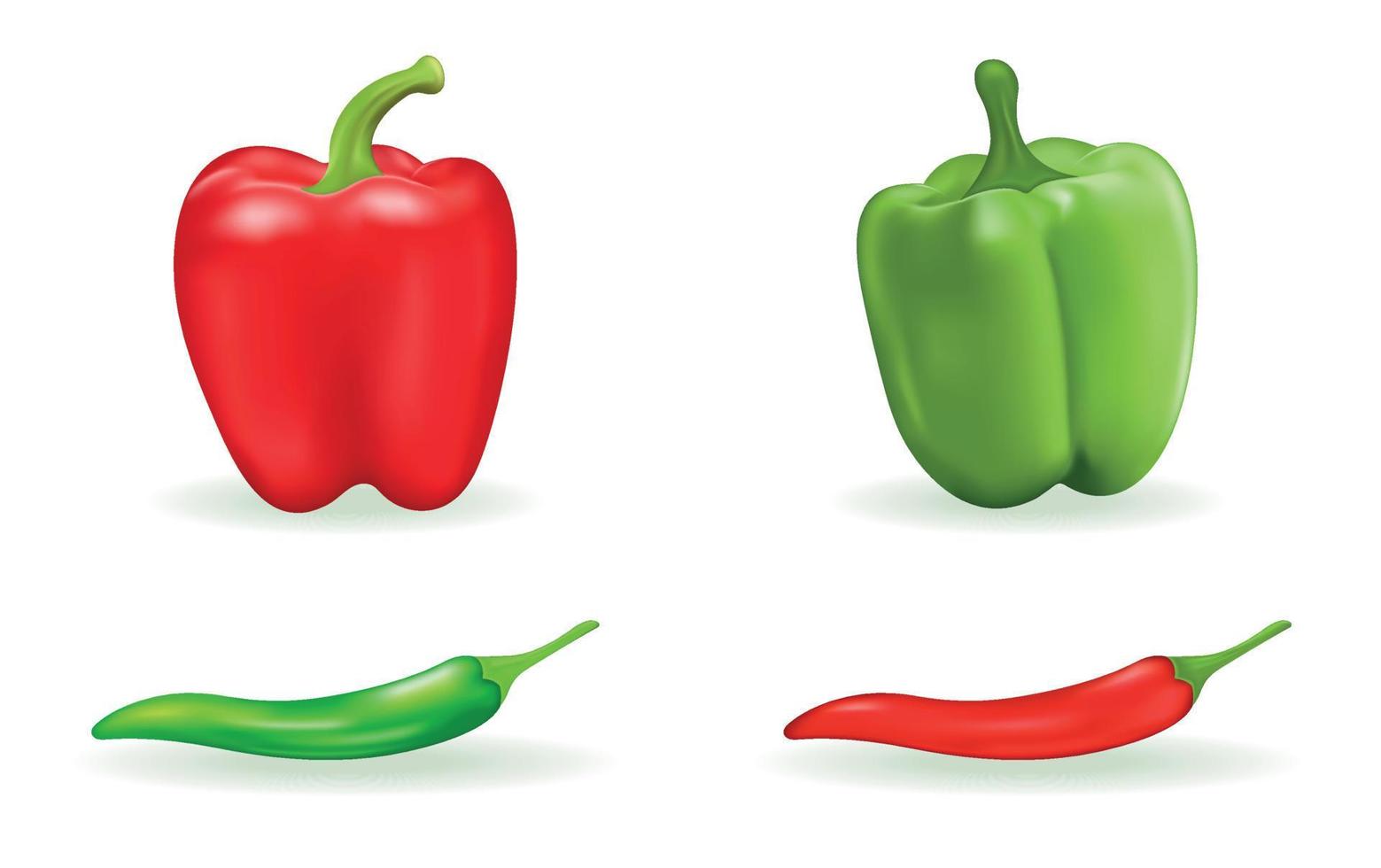 paprika en chili set. groene en rode realistische peper geïsoleerd op een witte achtergrond. plantaardig, gezond vers voedsel. vector 3d