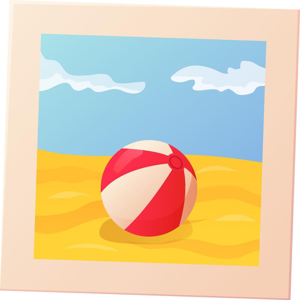 foto van heldere onfeilbare strandbal. rood, geel, blauw strepen rubber speelgoed icoon. zomer vrije tijd, water of zand spelconcept. voorraad vectorillustratie geïsoleerd op wit in realistische cartoon stijl. vector