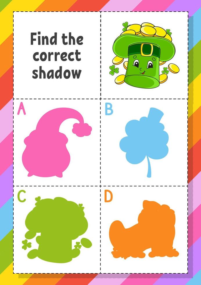 zoek de juiste schaduw. onderwijs ontwikkelen werkblad voor kinderen. puzzel spel. activiteiten pagina. stripfiguur. vectorillustratie. st. Patrick's dag. vector