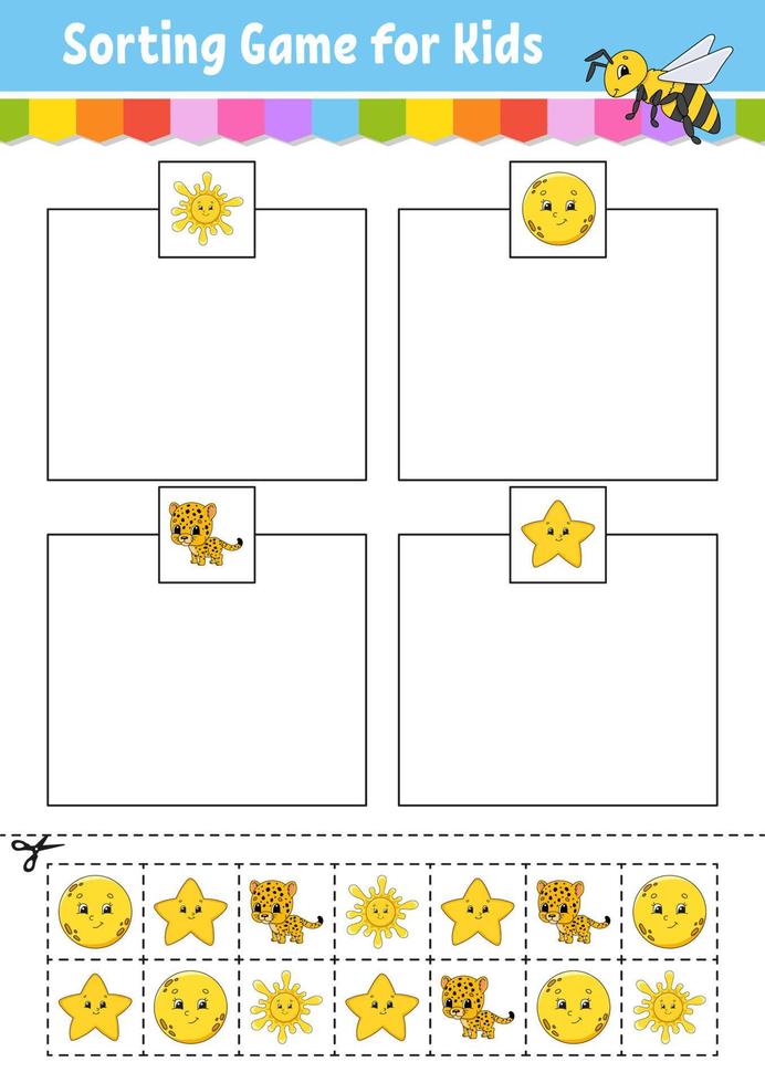 sorteer spel. vormen en kleuren. knip en lijm. onderwijs ontwikkelen werkblad. spel voor kinderen. kleur activiteitenpagina. puzzel voor kinderen. schattig karakter. vectorillustratie. cartoon-stijl. vector