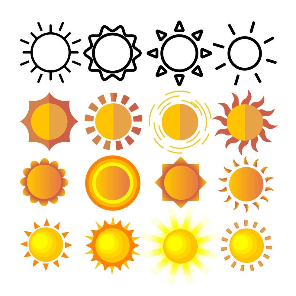 gele zon pictogrammenset vector. zonsondergang teken. zonsopgang licht. zomer hitte. oranje straal. seizoen object. glanzende klimaatafbeelding. lijn, vlakke afbeelding vector