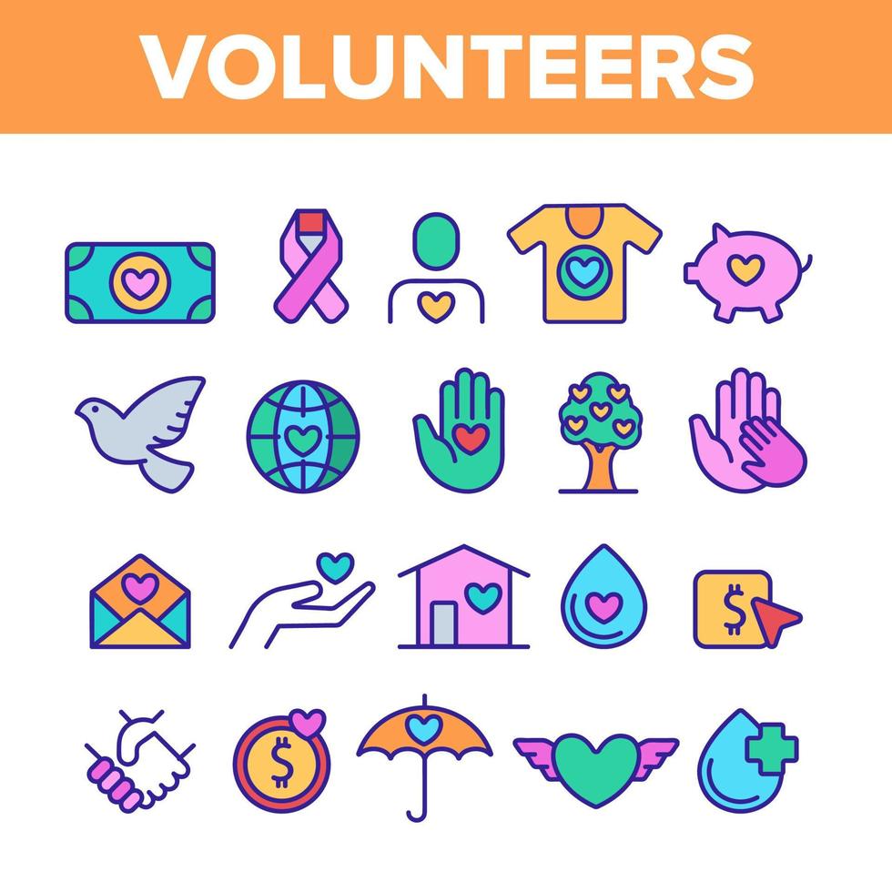 vrijwilligers, liefdadigheid vector kleur lijn iconen set