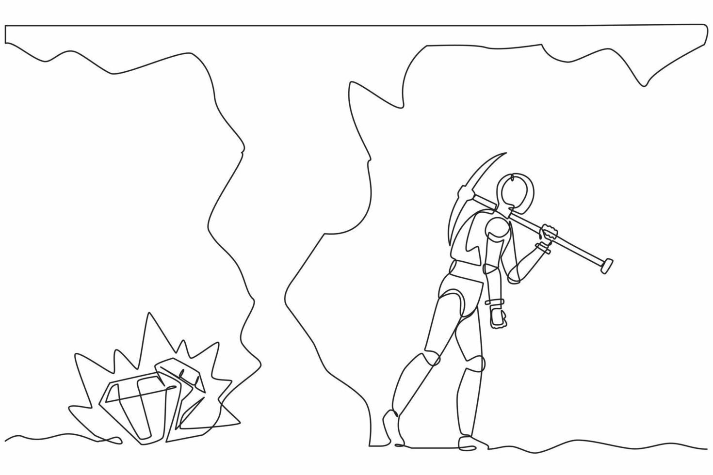 enkele doorlopende lijntekeningrobot geeft het graven op, niet wetende dat diamant bijna wordt onthuld. robot kunstmatige intelligentie. elektronische technologie-industrie. één lijn tekenen ontwerp vectorillustratie vector
