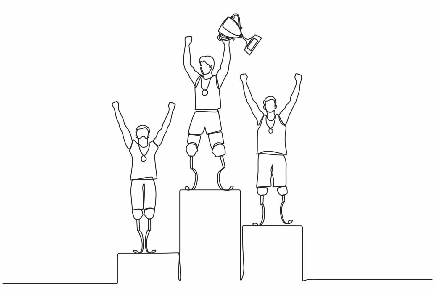 continue één lijntekening gehandicapte man die de wedstrijd wint terwijl hij de gouden trofee op het podium vasthoudt. gehandicapten, handicap games competitie. enkele lijn tekenen ontwerp vector grafische afbeelding