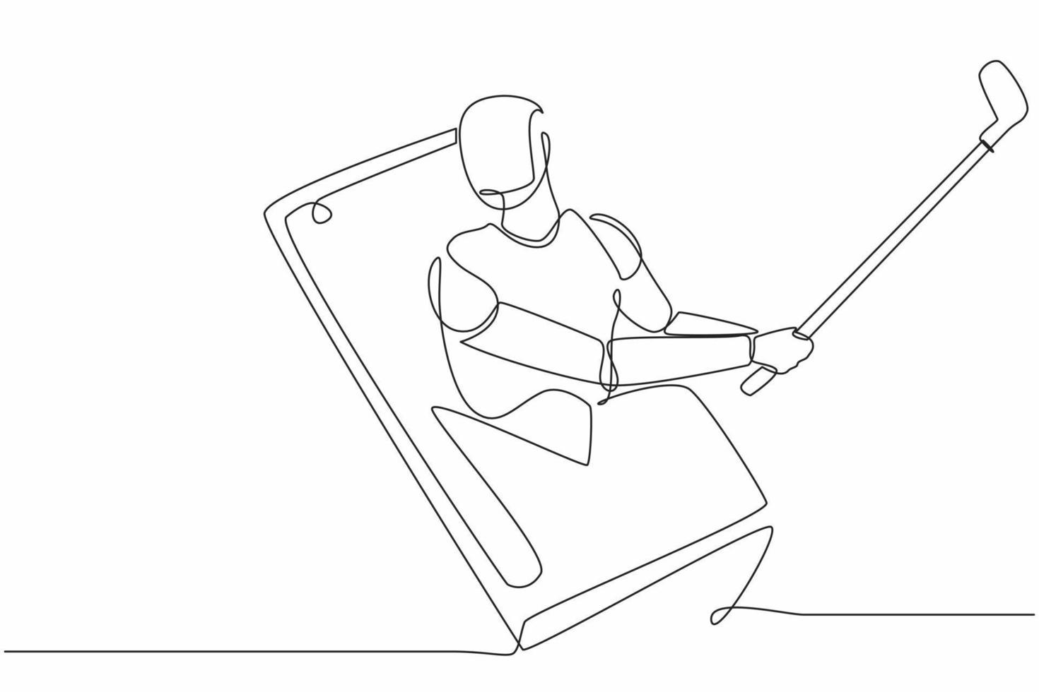 enkele robot met één lijntekening komt uit de mobiele telefoon en slaat een golfbal met een golfclub. toekomstige technologische ontwikkeling. kunstmatige intelligentie, machine learning. ononderbroken lijn ontwerp vector