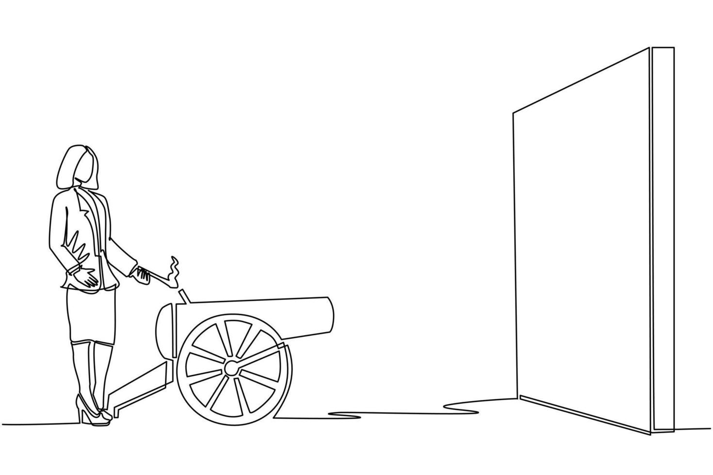 enkele doorlopende lijntekening zakenvrouw ontsteekt kanon voor muur en wil vernietigen. een nieuw bedrijf starten door obstakels te vernietigen om het doel te bereiken. één regel grafisch ontwerp vector