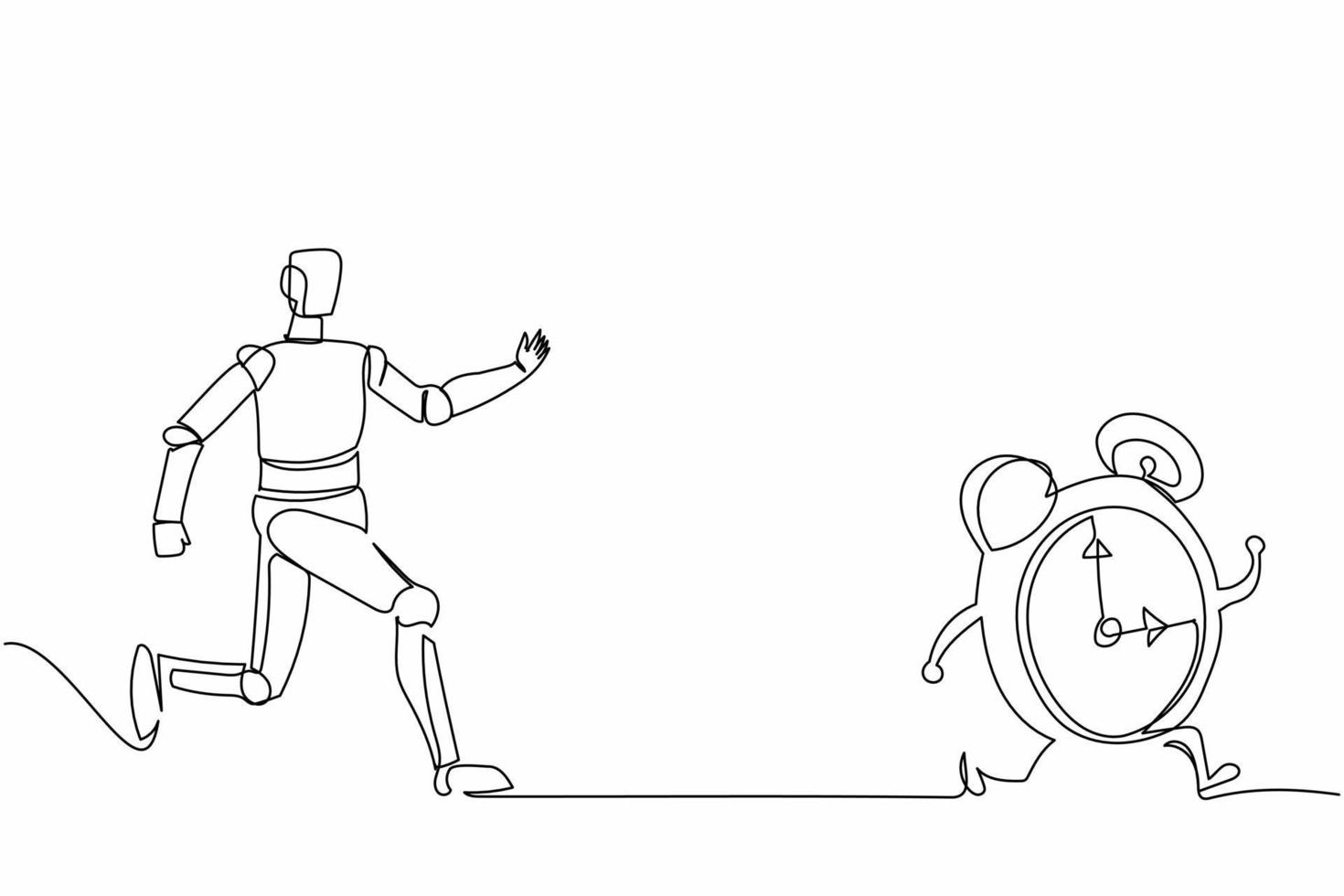 enkele doorlopende lijntekening robot die wekker achtervolgt. systeembeheer en informatietechnologie-industrie. moderne robot kunstmatige intelligentie. één regel grafisch ontwerp vectorillustratie vector