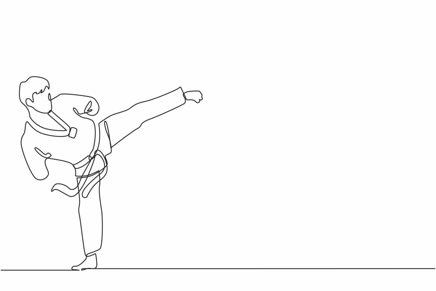 enkele doorlopende lijntekening mannelijke atleet met een handicap die taekwondo beoefent. sportman doet schoppen pose in sporttoernooi. dynamische één lijn trekken grafisch ontwerp vectorillustratie vector