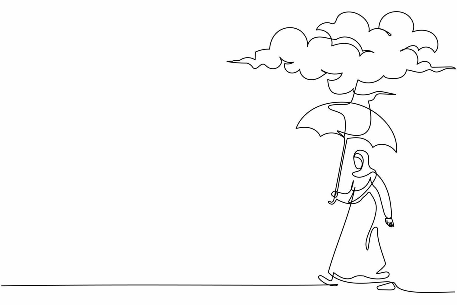 continu één lijntekening verdriet arabische zakenvrouw wandelen met paraplubak onder regenwolk. depressie, huilen, voorbijganger bij regenachtig weer. enkele lijn tekenen ontwerp vector grafische afbeelding