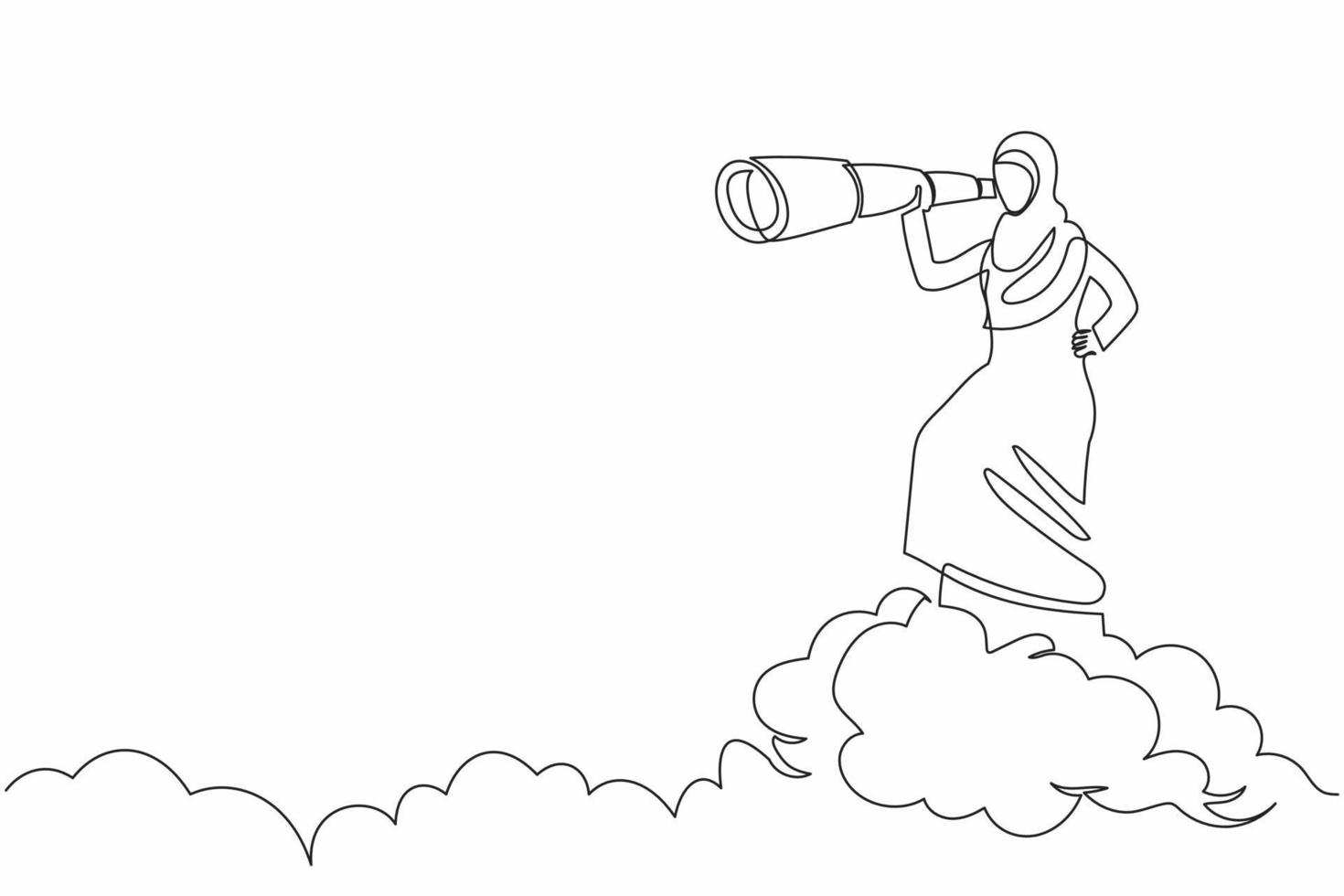 enkele een lijntekening Arabische zakenvrouw op de bovenste wolk met verrekijker om te zoeken naar zakelijke visie. leiderschap om de bedrijfsstrategie te zien. doorlopende lijn tekenen ontwerp grafische vectorillustratie vector