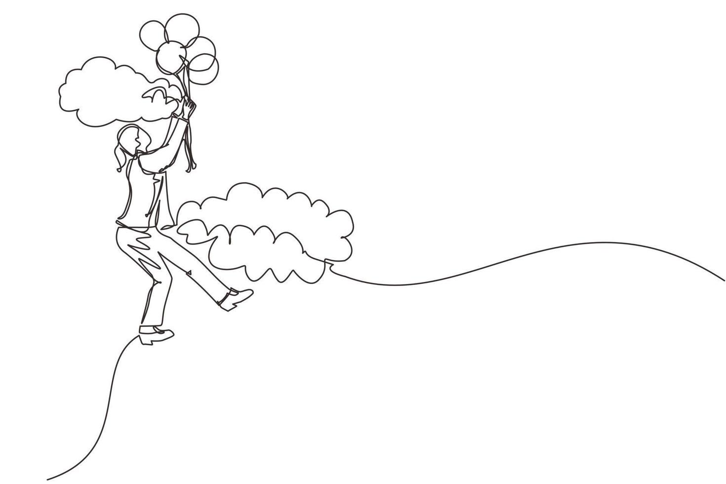 enkele doorlopende lijntekening zakenvrouw zwevend met ballon. vrouw met ballon die door de wolk vliegt. werknemer bereikt doel, doel, vindt oplossing. één regel grafisch ontwerp vectorillustratie vector