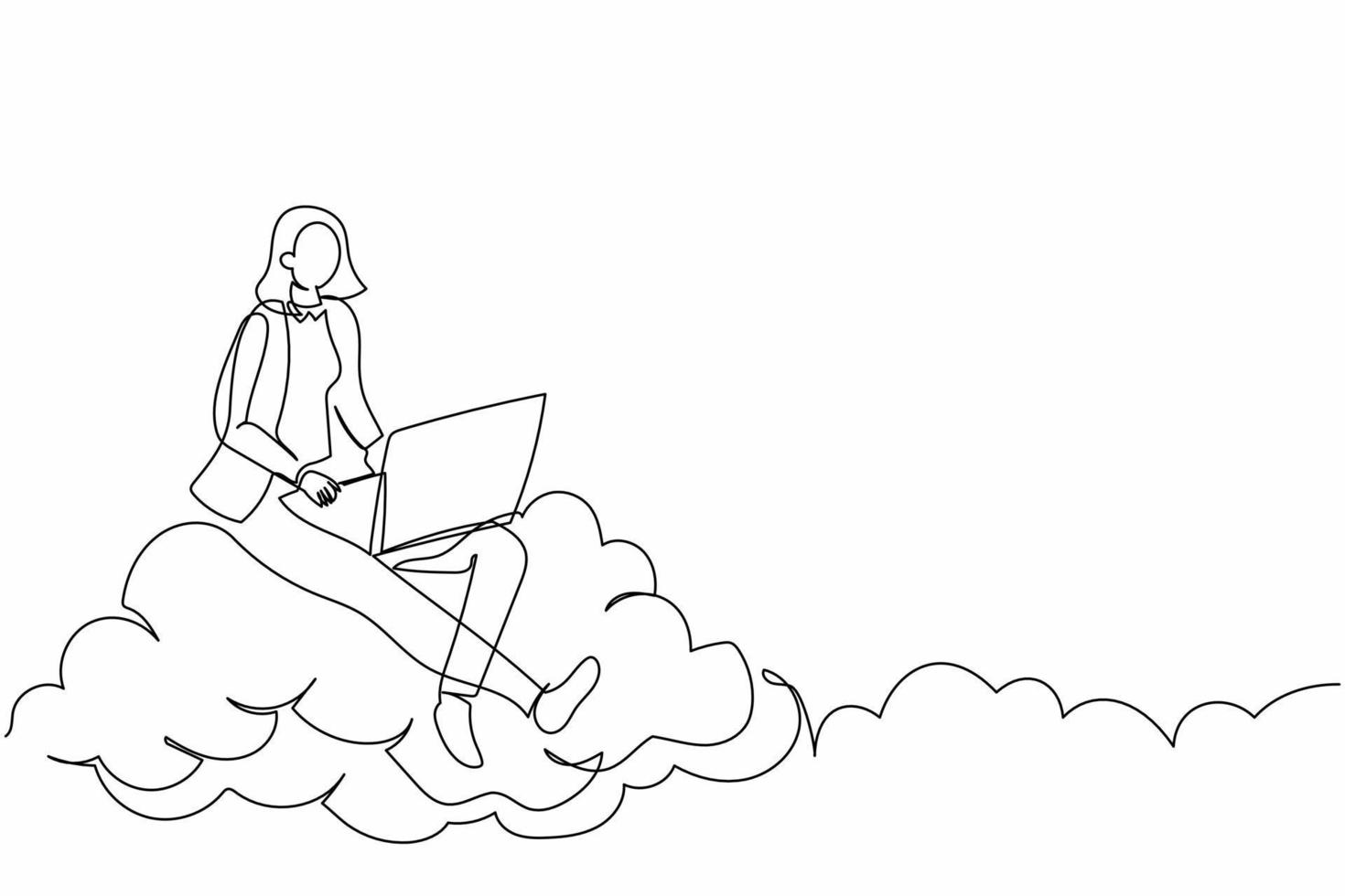 enkele doorlopende lijntekening zakenvrouw zittend op een wolk in de lucht. werken met laptop. draadloze verbinding. sociale netwerken met behulp van cloudopslag. een lijn tekenen grafisch ontwerp vectorillustratie vector