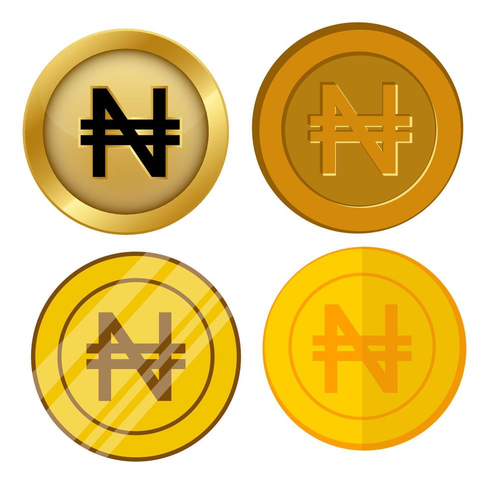 vier verschillende stijl gouden munt met naira valuta symbool vector set