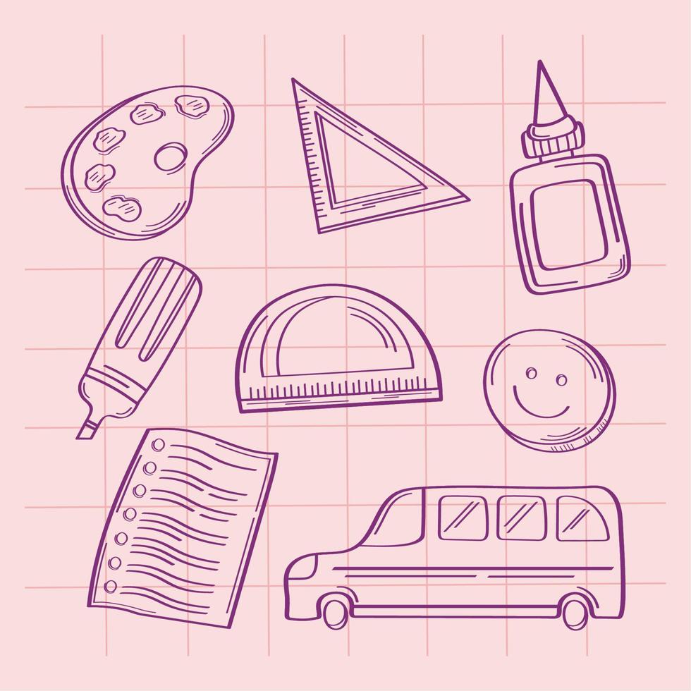 acht schoolbenodigdheden doodle pictogrammen vector