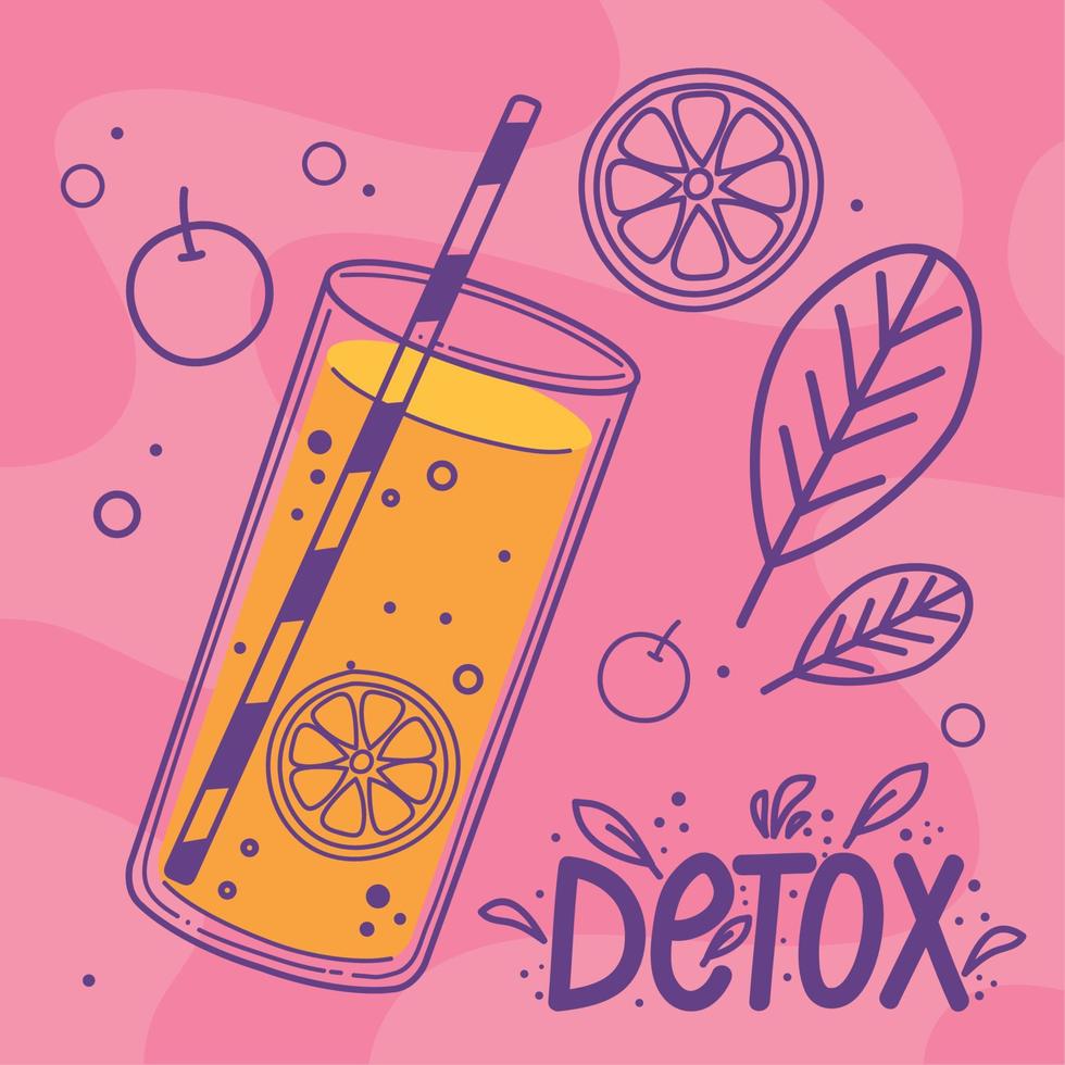 detox belettering en oranje drankje vector