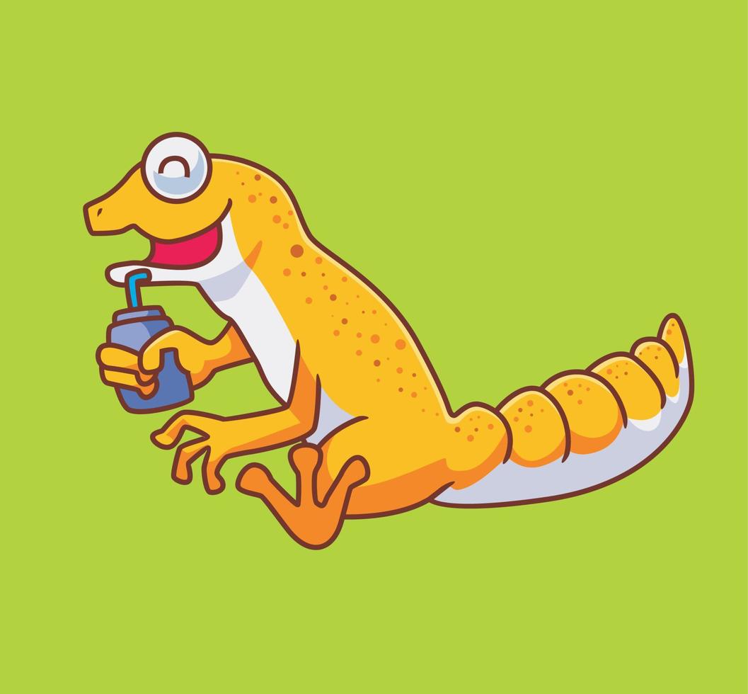 schattige gekko hagedis drinken. geïsoleerde dierlijke illustratie. vlakke stijl sticker pictogram premium vector