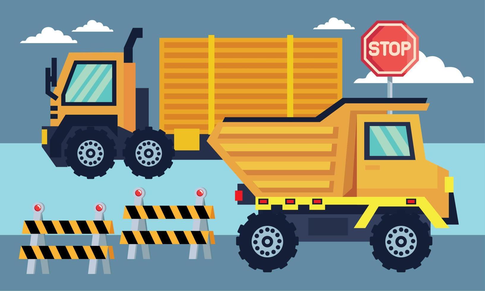 bouwstopsignaal en vrachtwagens vector