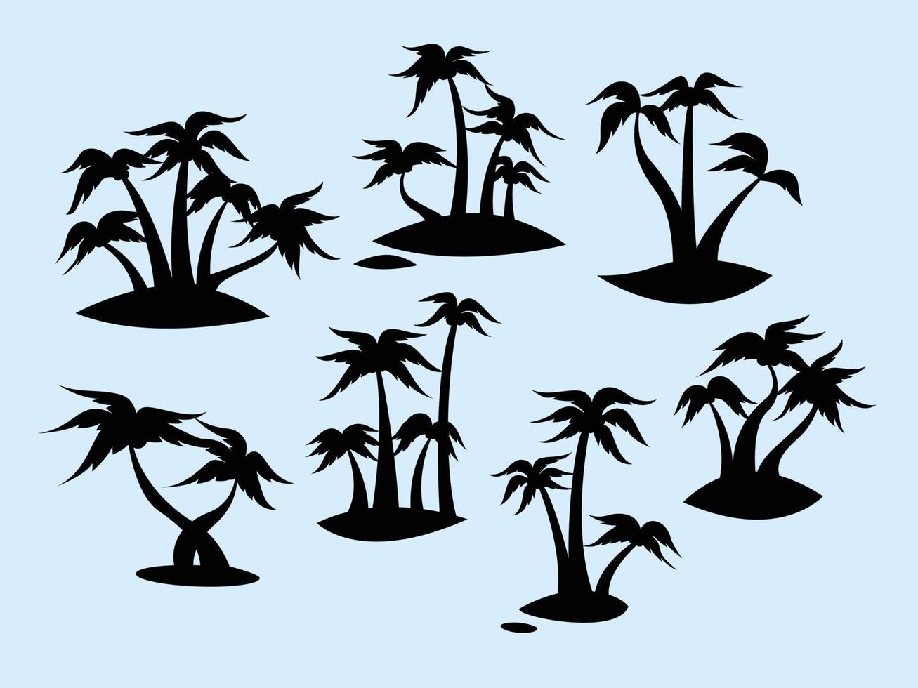 collectie set kokospalmen op kleine strand eiland silhouet vectorillustratie vector