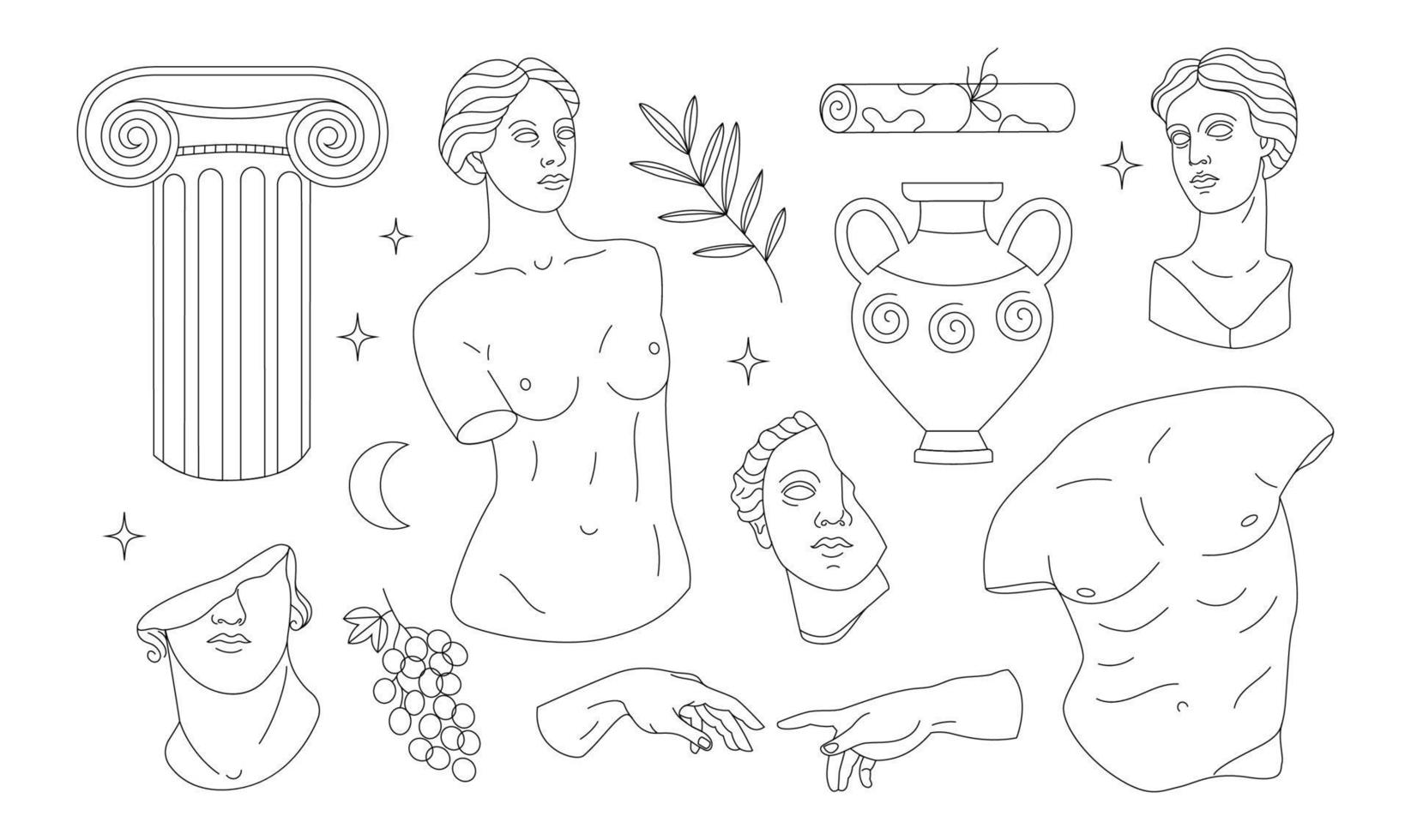 set antieke Griekse sculpturen in lijnstijl. vectorillustratie. vector