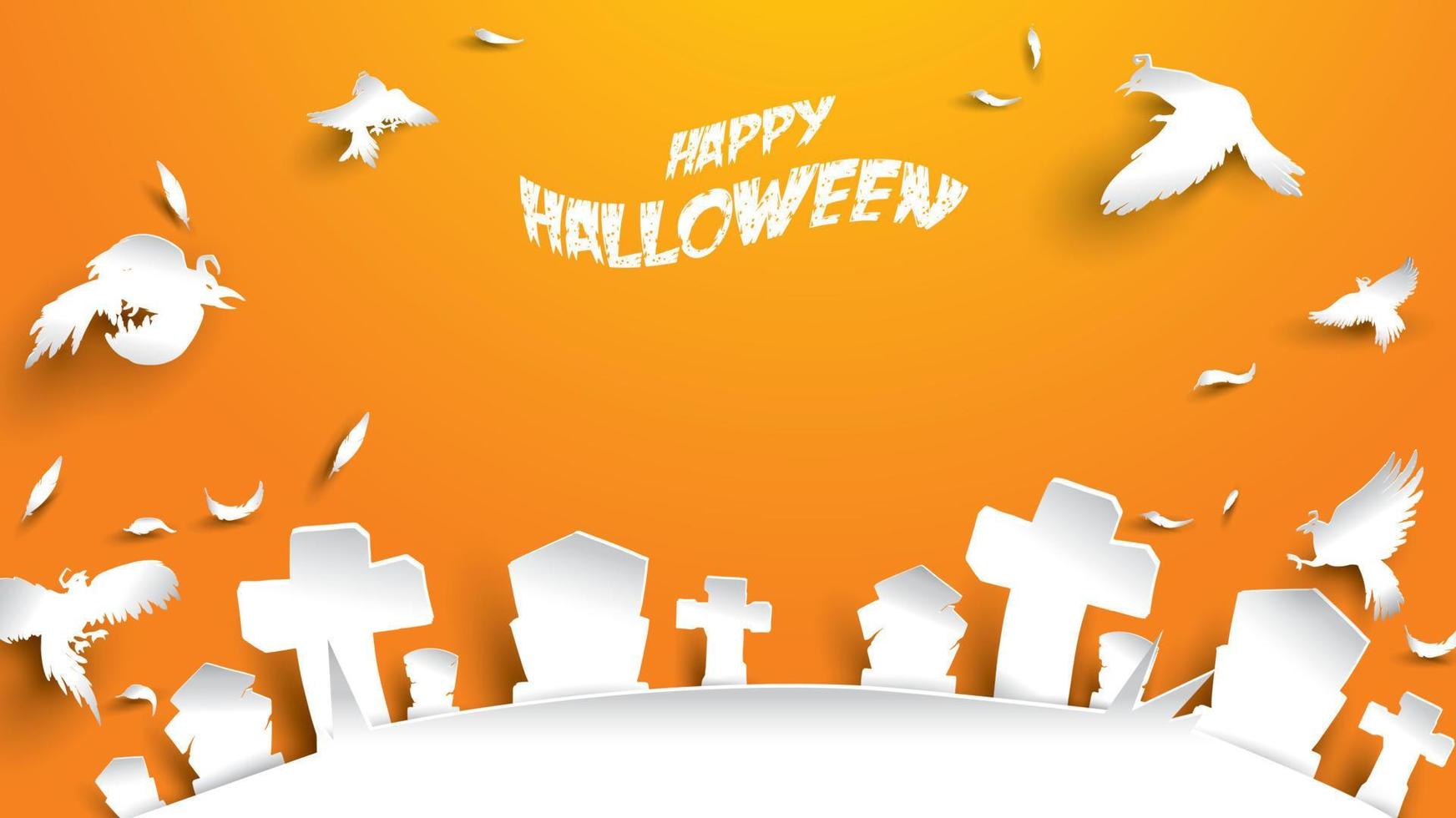 Halloween-achtergrond met kraai en begraafplaatsgrafsteen in de stijl van het papierkunstsnijwerk. spandoek, poster, flyer of uitnodigingssjabloonfeest. vectorillustratie. vector