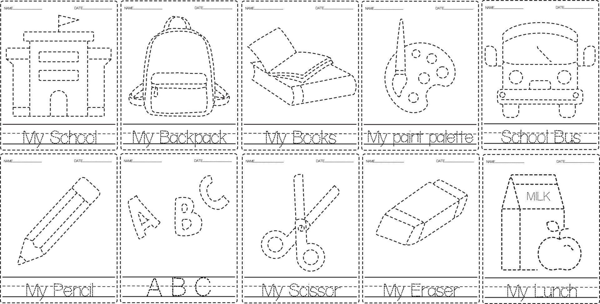 handschriftoefening met briefpapier. terug naar school. schaar, potlood, gum en rugzak. educatief spel voor kinderen. werkblad traceren voor kleuters vector