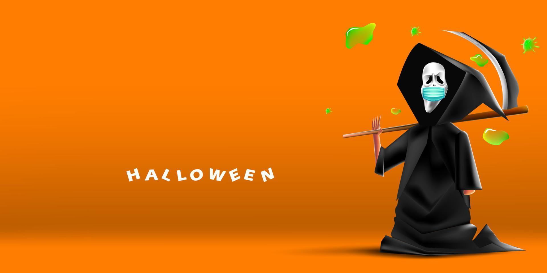 gelukkig halloween-wenskaartontwerp. enge schreeuw grim reaper met gezichtsmasker dat beschermt tegen coronavirus of covid-19 vector