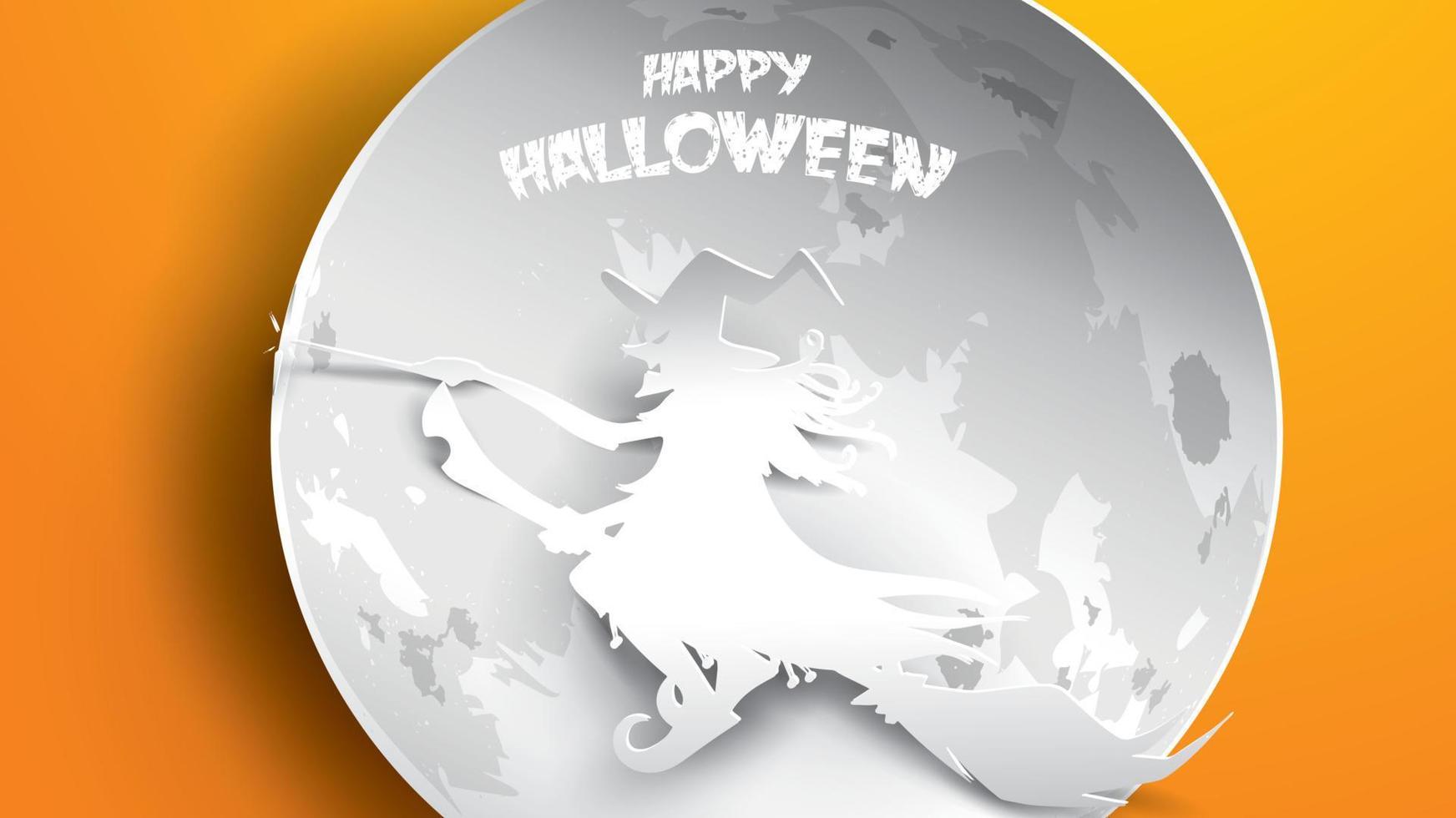 Halloween-achtergrond met heks, maan en bezemsteel in papierkunstsnijstijl. spandoek, poster, flyer of uitnodigingssjabloonfeest. vectorillustratie. vector